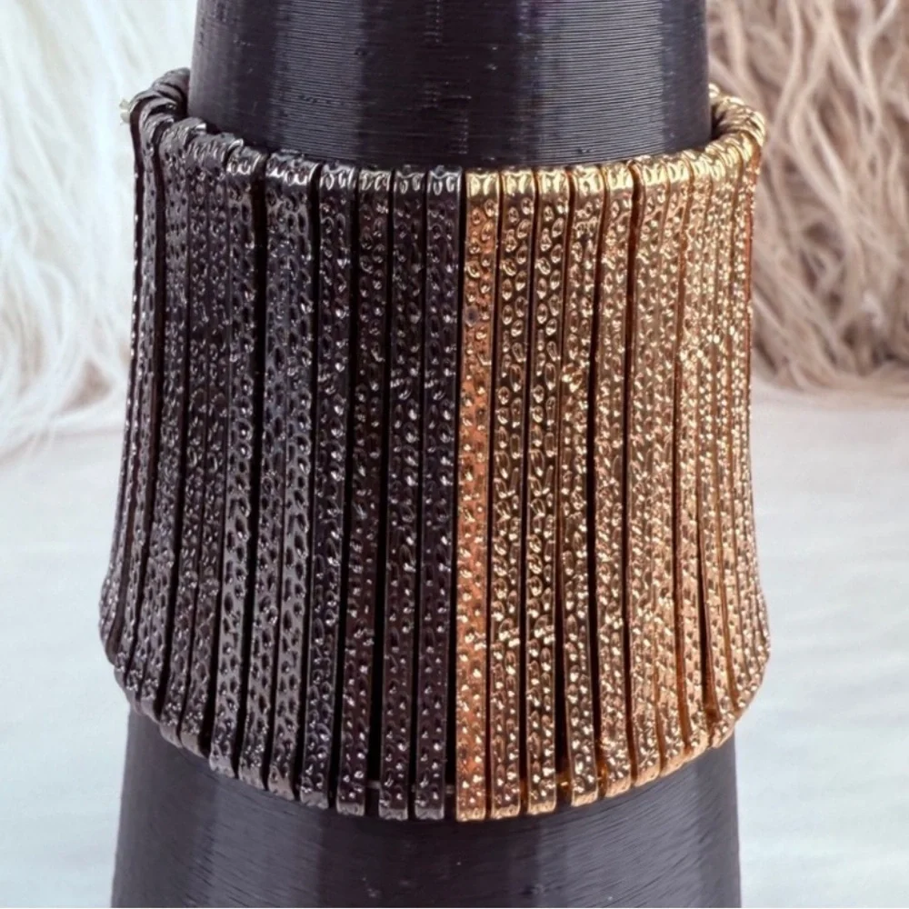 Silvertone aged Goldtone, black gunmetal wide band stretch bracelet